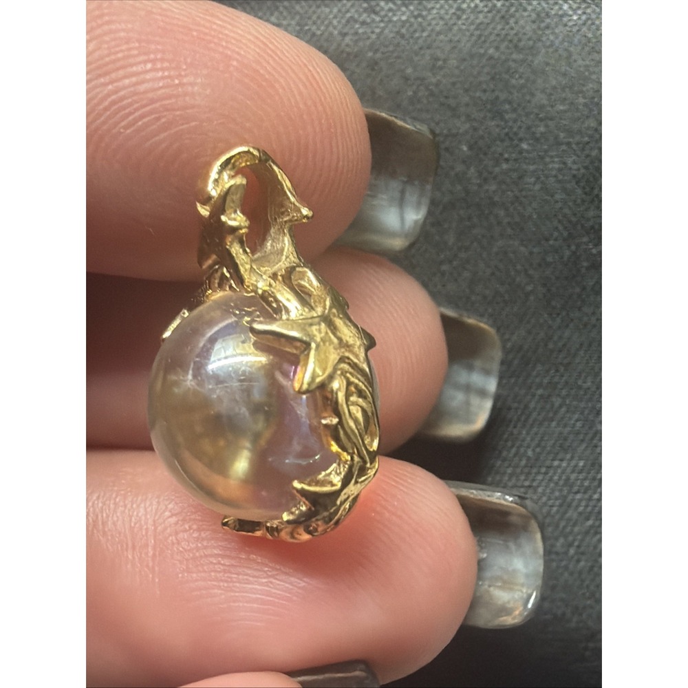 Crystal Ball Orb Pendant Gold Tone Moon Star Celestial Glass Charm .5" Whimsy - Picture 4 of 4